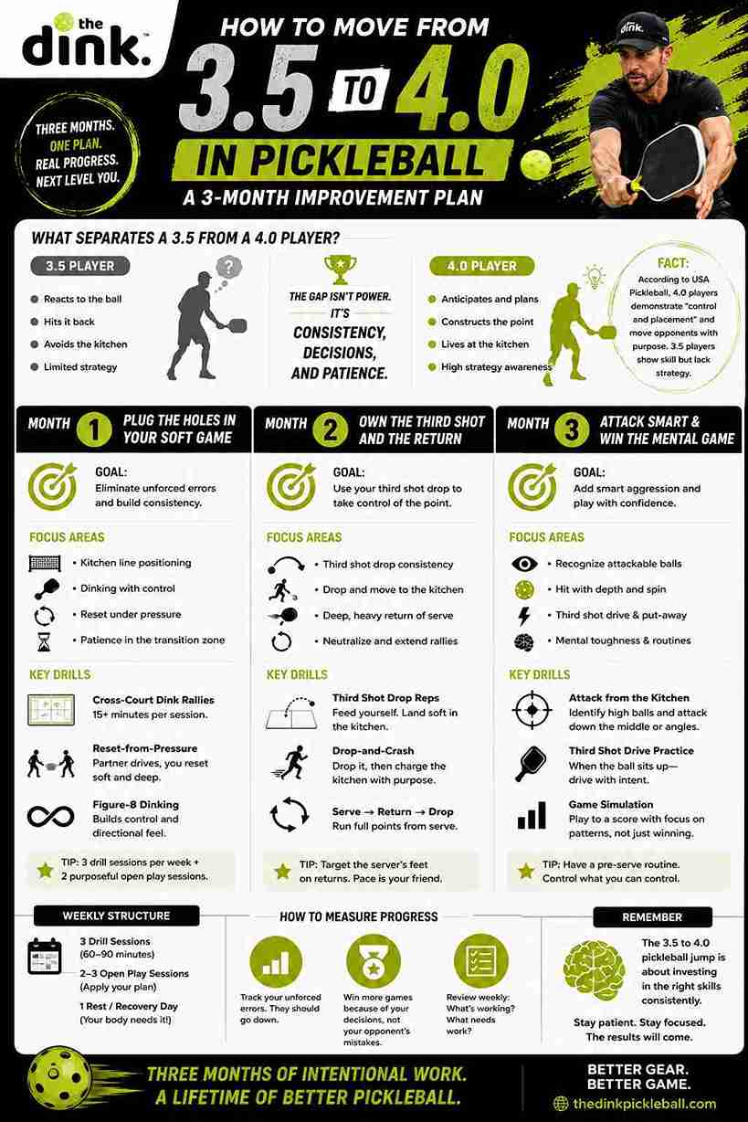 Master the 3.5 to 4.0 Jump: 3-Month Pickleball Plan